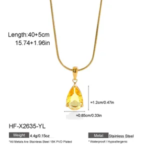 Gold stainless steel pear shaped yellow zircon pendant necklace with snake chain for women
