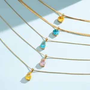 Double Layered Stainless Steel Necklace For Women Multi Color Zirconia Water Drop Round Pendant Fashion Summer Jewelry