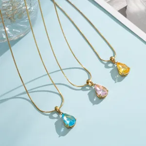 Colorful teardrop cubic zirconia stainless steel necklace set, fashionable summer jewelry.
