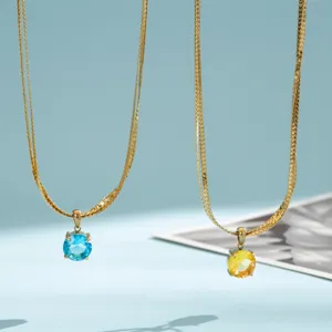 Gold-plated double-layer stainless steel necklace set with vibrant blue and yellow round zirconia pendants for women.