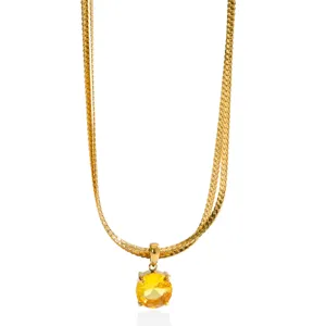 Gold double layer stainless steel necklace with yellow zircon pendant for women summer jewelry