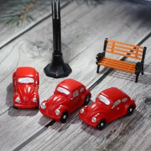 Mini resin car model set for dollhouse and miniature photography props, cute red vehicles.