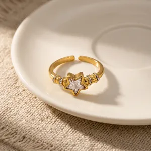 Squisito anello a stella in acciaio al titanio placcato oro 18K con eleganti zirconi.
