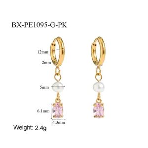 Stainless steel freshwater pearl pink zircon hoop earrings elegant dangle jewelry for women.