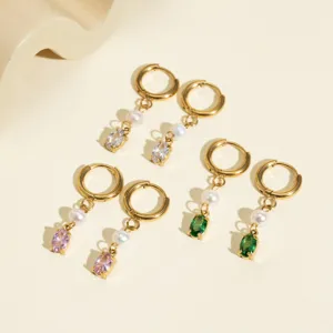 Stainless steel hoop earrings set with colorful cubic zirconia and freshwater pearls