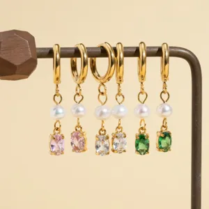Stainless Steel Hoop Earrings With Freshwater Pearl And Colorful Rhinestone Dangle 18K Gold Plated Jewelry For Women