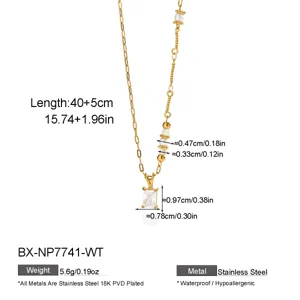 Collana geometrica in acciaio inossidabile con zirconi e perle, misure dettagliate.