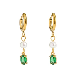 Gold stainless steel hoop earrings with sweet pearl and green cubic zirconia charms for women.