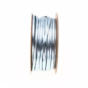 Close-up detail of silver metallic PU leather cord wound on spool for DIY jewelry making.