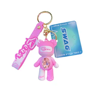 Llavero de oso con diamantes de imitación rosa, lindo colgante de bolso de dibujos.
