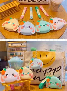 Cute cartoon silicone rabbit coin purse keychain with carrot design for kids and girls