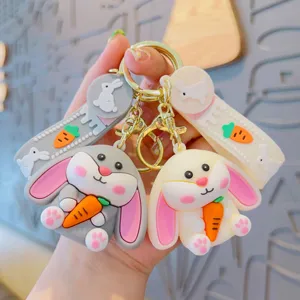 Portachiavi con coniglio di cartone animato carino e carota morbida gomma borsa ciondolo
