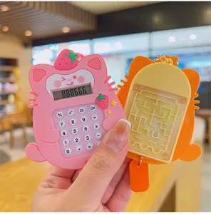 Cute fruit cat calculator and maze keychain toy detail, student bag pendant gift.