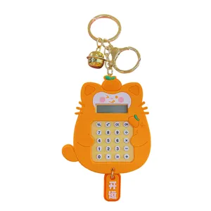 Cute orange cat calculator keychain, creative cartoon fruit pendant for student backpacks.