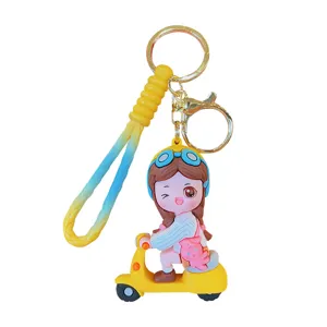 Cute cartoon girl electric scooter keychain bag pendant metal key ring car accessory