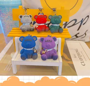 Cute bear keychain set with bell cartoon bag pendant resin couple key ring 5 colors