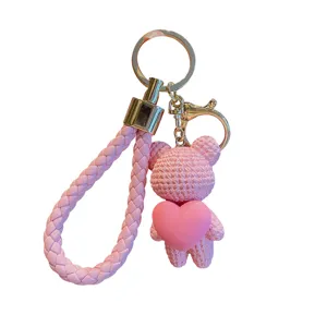 Pink heart bear keychain cute cartoon doll resin keyring bag pendant accessory for car