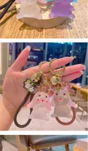 Frosted translucent rabbit bunny keychain cute bag charm and car key ring detail.