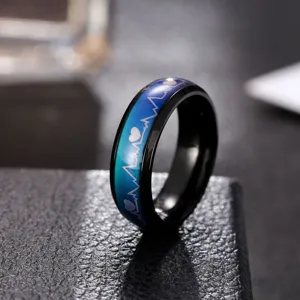 Close-up detail view of the titanium steel mood color-changing ring featuring heartbeat pattern.