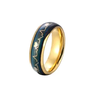 Stainless steel mood temperature color changing couple ring with heart ECG pattern chic jewelry
