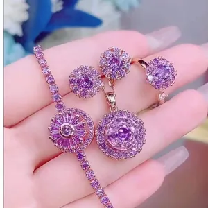 Rose Gold Purple Zircon Jewelry Set Necklace Ring Earrings Bracelet for Women Fashion