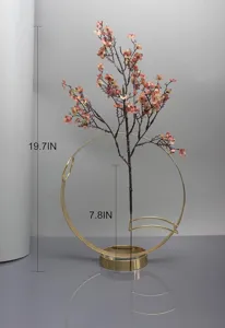Gold Metal Circular Flower Stand with Artificial Pink Blossom Branches for Home Decor 19.7IN