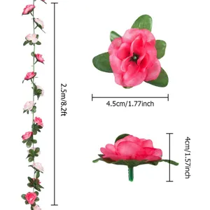 Detailed view showing dimensions of artificial rose vine, flower diameter and length.