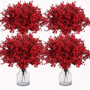 Red artificial plum blossom flower bouquet with glass vase for home decor wedding party 4pcs