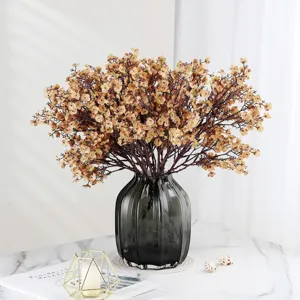 Artificial baby breath flowers bouquet in dark ribbed glass vase home decor floral arrangement