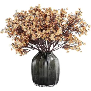 Artificial baby breath flowers arrangement with grey glass vase for home decor wedding.