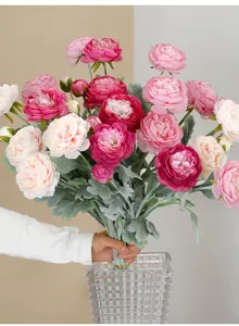 Stunning artificial peony flower bouquet in glass vase, perfect for home decor and weddings.