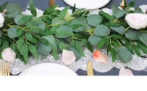 Artificial eucalyptus garland with willow leaves and pink roses for wedding table decor 2m