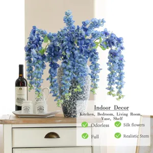 Flores artificiales de glicina de seda azul para decoración de interiores y bodas.