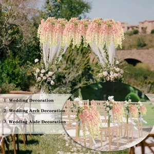 Decoración de arco y silla de boda con flores artificiales, ratán de glicina rosa para fiesta