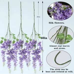 Vista detallada de flores artificiales de glicinia morada, tallos flexibles y pétalos.