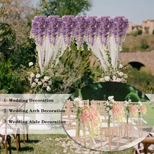 Vista detallada del arco de flores colgantes de glicinia artificial para bodas y pasillo.