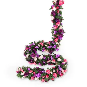 Artificial rose flower vine garland for wedding party home wall decor with green leaves