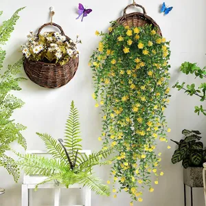 Cesta de flores artificiales colgantes, plantas de ratán amarillo vivo para decoración.