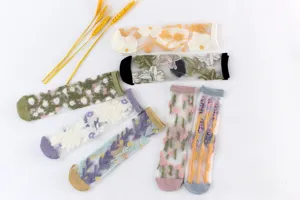 Women summer sheer mesh floral embroidered mid-tube socks delicate breathable transparent style