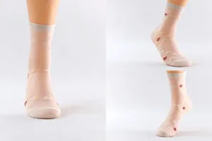 Women sheer glass silk mid-tube socks with cute daisy and strawberry embroidery for summer fashion wear.