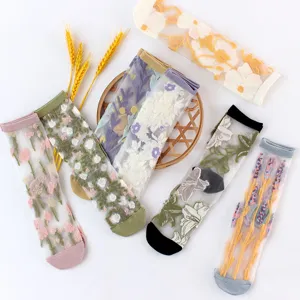 Women Casual Sheer Mesh Crew Socks Floral Embroidery Polyester Breathable Lightweight Comfortable Fashion Socks
