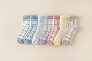 Cozy winter coral fleece plaid socks detail, thick warm floor socks for women in multi colors.