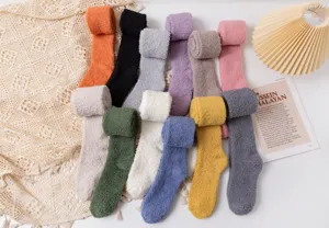 Women winter warm coral fleece over the knee high socks thick solid color cozy sleep socks