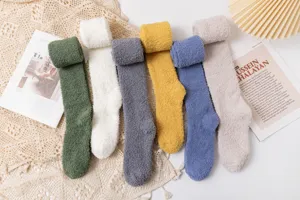 Fluffy coral fleece over-the-knee long socks for women, thick warm solid color winter sleep socks.