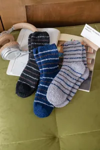 Men's thickened coral fleece striped sleep socks, cozy warm floor socks for winter home wear.