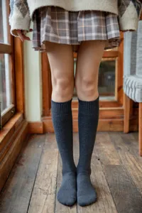 Detailaufnahme der dunkelgrauen dicken Thermo Waden Socken auf rustikalem Holzboden.