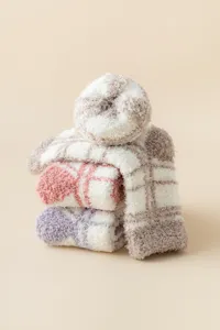 Winter thick plaid coral fleece women floor socks detail showcasing cozy soft texture design.