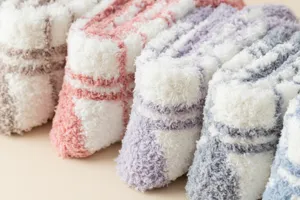 Thick coral fleece floor socks with cute plaid pattern, soft warm winter indoor socks for women.