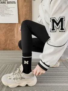 Thick black winter mid-tube socks with letter M embroidery, warm cotton fleece towel socks.