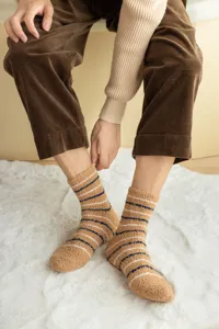 Men's thick coral fleece fuzzy socks winter warm cozy striped home sleep floor socks.